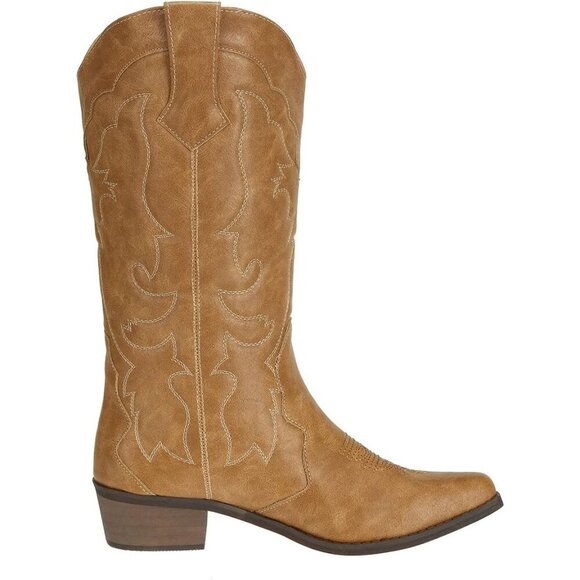🆕Tan Faux Leather Wide Calf Cowgirl Cowboy Boots for Women Western Fashion Shoe - Picture 5 of 8